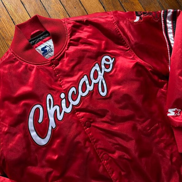 Rare Starter Chicago Bulls Windy City Satin Men Red‎ Puffer Bomber Jacket Size L - Picture 2 of 8